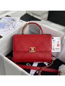 Chanel Quilted Leather Flap Bag with Top Handle and Pearl Metal CHANEL Charm AS2059 Red 2020
