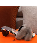 Hermes Oran Mink Fur Heeled Slide Sandals Dark Grey 2021
