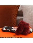 Hermes Oran Mink Fur Flat Slide Sandals Burgundy 2021