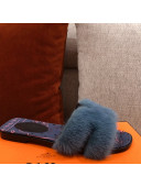 Hermes Oran Mink Fur Flat Slide Sandals Dark Blue 2021
