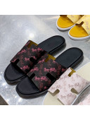 Hermes Men's Izmir Printed Leather Flat Slide Sandals Black/Pink 2021