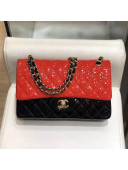 Chanel Quilted Patent Calfskin Medium Classic Flap Bag  A01112 Red/Black/Gold 2019
