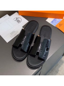 Hermes Men's Izmir Shiny Crumpled Calfskin Flat Slide Sandals Black 07 2021