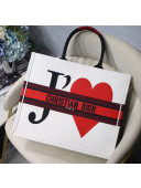 Dior Large Book Tote Bag in Heart Embroidered Canvas White/Red 2019
