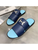 Hermes Men's Izmir H Calfskin Flat Slide Sandals Navy Blue 14 2021