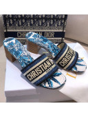 Dior Dway Heeled Slide Sandals in Indigo Blue Palms Embroidered Cotton 2021 38