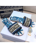 Dior Dway Flat Slide Sandals in Indigo Blue Palms Embroidered Cotton 2021 38
