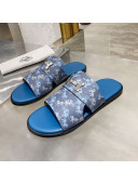 Hermes Men's Izmir H Print Calfskin Flat Slide Sandals Blue 24 2021