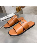 Hermes Men's Izmir H Calfskin Flat Slide Sandals Brown 16 2021