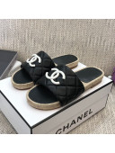 Chanel Quilted Lambskin Flat Espadrilles Slide Sandals Black 2021