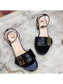 Fendi Crocodile Embossed Leather Sandals Black 2021