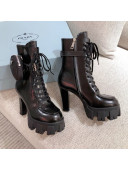 Prada Shiny Leather Heel Platform Short Boots with Nylon Pouch Black 2020