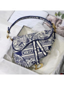 Dior Medium Saddle Bag in Blue Toile de Jouy Embroidery 2021