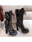 Prada Shiny Leather Heel Platform High Boots with Nylon Pouch Black 2020