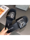 Prada Metallic Logo Flat Slide Sandals Black 2021