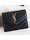 Saint Laurent Monogram Compact Tri Fold Small Wallet in Grained Leather 403943 Black/Silver 2019