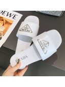 Prada Metallic Logo Flat Slide Sandals White 2021