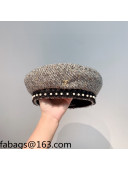Chanel Tweed Pearl Beret Hat Grey 2021 110479