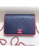 Chanel Contrasting Trim Quilted Lambskin Flap Wallet on Chain WOC AP0059 Dark Blue/Pink 2019
