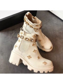 Gucci Bee Star Embroidered Leather Short Platform Boot with Crystal Belt 557735 White 2019
