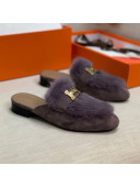 Hermes Suede Mink Fur H Flat Mules Purple 2020