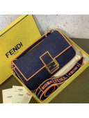 Fendi Baguette Large Denim Flap Bag Dark Blue/Neon Orange 2019