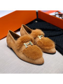 Hermes Suede Mink Fur H Flat Loafers Brown 2020