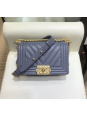 Chanel Chevron Grained Calfskin Small Boy Flap Bag A67085 Dusty Blue/Gold 2019