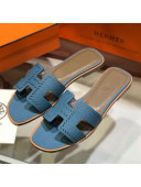 Hermes Santorini Epsom Calfskin Cut-out Classic H Flat Slide Sandals Blue 2021 06