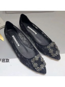 Manolo Blahnik Silk and Lace Flat Ballerinas Shoe with Crystal Flower Buckle Black  