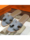 Hermes Santorini Epsom Calfskin Cut-out Classic H Flat Slide Sandals Blue 2021 08