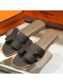 Hermes Santorini Epsom Calfskin Cut-out Classic H Flat Slide Sandals Dark Grey 2021 19