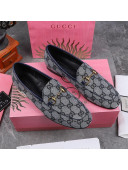 Gucci Jordaan Horsebit GG Canvas Flat Loafers Grey/Navy Blue 2020