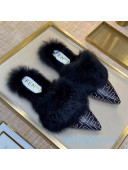 Fendi FF Calfskin Fur Flat Slippers Mules Black 2020