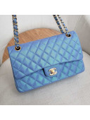 Chanel Medium Iridescent Quilted Grained Leather Classic Flap Bag Blue 2019