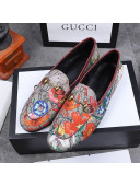 Gucci Jordaan Horsebit Flower Print Canvas Flat Loafers 2020
