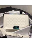 Chanel Rainbow Colored Hardware Quilted Grained Calfskin Medium Classic Boy Flap Bag White 2019