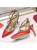 Valentino Smooth Leather Rockstud Ankle Strap With 9.5cm Heel Red