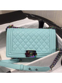 Chanel Rainbow Colored Hardware Quilted Grained Calfskin Medium Classic Boy Flap Bag Blue 2019