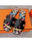 Hermes Oran Swift Calfskin Print Insole Classic H Flat Slide Sandals Black 2021