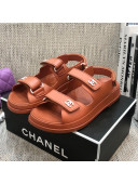 Chanel Leather Strap Flat Sandals with White CC Charm G35927 Brown 2021