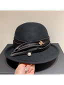 Chanel Wool Bucket Hat with Pearl Silk Strap Balck 2020