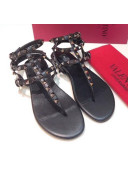 Valentino Rockstud Flat Thong Sandal in Leather Black 2020