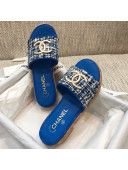 Chanel Metal CC Tweed Slide Sandals G34826 Royal Blue 2021