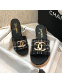 Chanel Metal CC Tweed Slide Sandals G34826 Black 2021