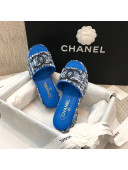 Chanel Embroidered CC Tweed Slide Sandals G34826 Royal Blue 2021