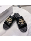 Balenciaga Oval BB Calfskin Flat Mules Slide Sandal Black/Gold 2020