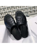 Balenciaga Oval BB Calfskin Flat Mules Slide Sandal All Black 2020