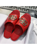 Balenciaga Oval BB Calfskin Flat Mules Slide Sandal Red/Gold 2020