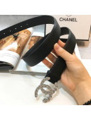 Chanel Lambskin Leather 3CM Width Belt with Crystal Metal Buckle Black 002 2019